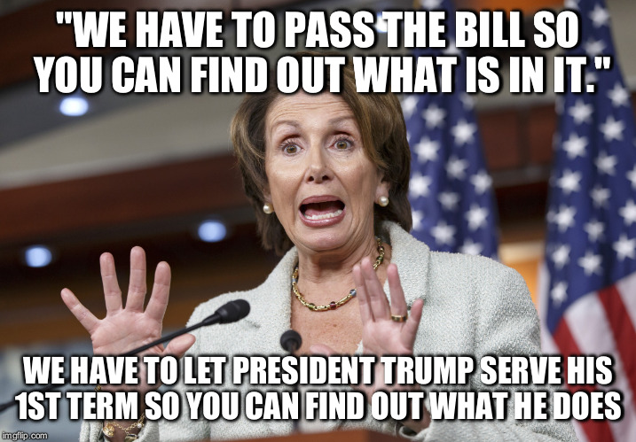 Democrat logic | "WE HAVE TO PASS THE BILL SO YOU CAN FIND OUT WHAT IS IN IT."; WE HAVE TO LET PRESIDENT TRUMP SERVE HIS 1ST TERM SO YOU CAN FIND OUT WHAT HE DOES | image tagged in nancy pelosi wtf | made w/ Imgflip meme maker