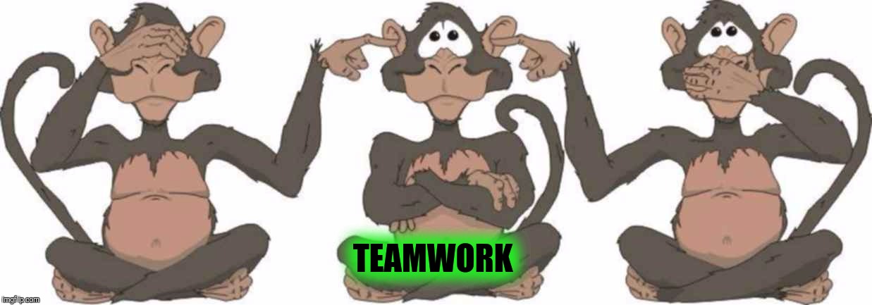 3 monkeys team working  | TEAMWORK | image tagged in 3 monkeys team working | made w/ Imgflip meme maker
