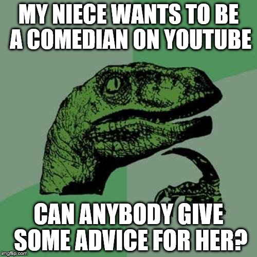 Philosoraptor | MY NIECE WANTS TO BE A COMEDIAN ON YOUTUBE; CAN ANYBODY GIVE SOME ADVICE FOR HER? | image tagged in memes,philosoraptor | made w/ Imgflip meme maker