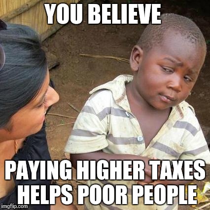 Third World Skeptical Kid Meme | YOU BELIEVE; PAYING HIGHER TAXES HELPS POOR PEOPLE | image tagged in memes,third world skeptical kid | made w/ Imgflip meme maker