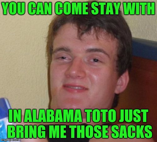 10 Guy Meme | YOU CAN COME STAY WITH IN ALABAMA TOTO JUST BRING ME THOSE SACKS | image tagged in memes,10 guy | made w/ Imgflip meme maker