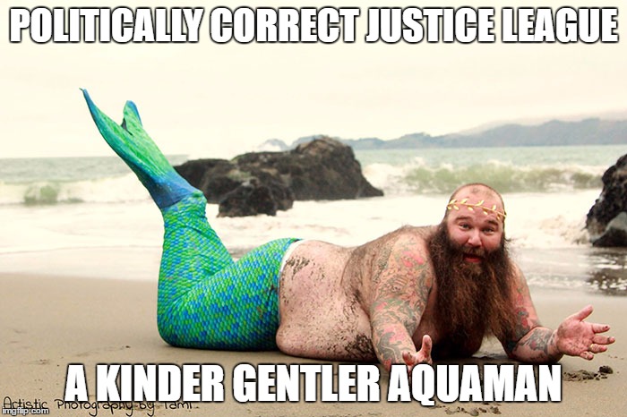 POLITICALLY CORRECT JUSTICE LEAGUE; A KINDER GENTLER AQUAMAN | image tagged in humor | made w/ Imgflip meme maker