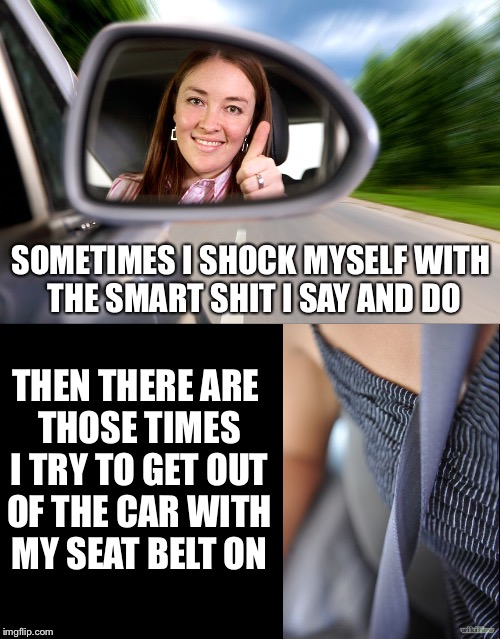 Sometimes | SOMETIMES I SHOCK MYSELF WITH THE SMART SHIT I SAY AND DO; THEN THERE ARE THOSE TIMES I TRY TO GET OUT OF THE CAR WITH MY SEAT BELT ON | image tagged in times,smart,seatbelt,car,humor | made w/ Imgflip meme maker