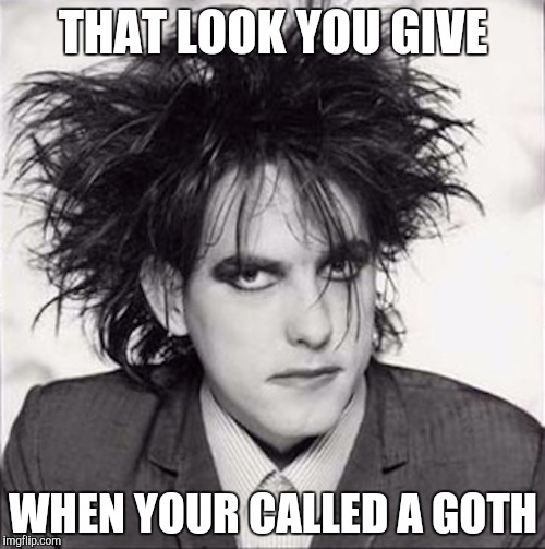Robert Smith | THAT LOOK YOU GIVE; WHEN YOUR CALLED A GOTH | image tagged in robert smith | made w/ Imgflip meme maker