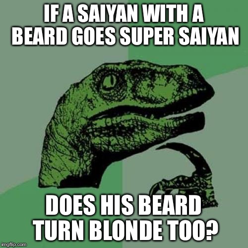 Philosoraptor Meme | IF A SAIYAN WITH A BEARD GOES SUPER SAIYAN; DOES HIS BEARD TURN BLONDE TOO? | image tagged in memes,philosoraptor | made w/ Imgflip meme maker