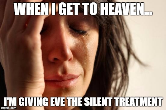 Gosh, I hate periods.... | WHEN I GET TO HEAVEN... I'M GIVING EVE THE SILENT TREATMENT | image tagged in memes,first world problems | made w/ Imgflip meme maker