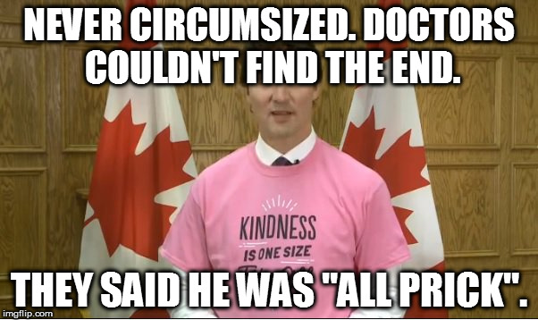 Justin Trudeau | NEVER CIRCUMSIZED. DOCTORS COULDN'T FIND THE END. THEY SAID HE WAS "ALL PRICK". | image tagged in justin trudeau | made w/ Imgflip meme maker