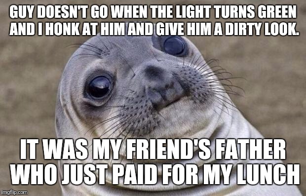 Awkward Moment Sealion Meme | GUY DOESN'T GO WHEN THE LIGHT TURNS GREEN AND I HONK AT HIM AND GIVE HIM A DIRTY LOOK. IT WAS MY FRIEND'S FATHER WHO JUST PAID FOR MY LUNCH | image tagged in memes,awkward moment sealion | made w/ Imgflip meme maker