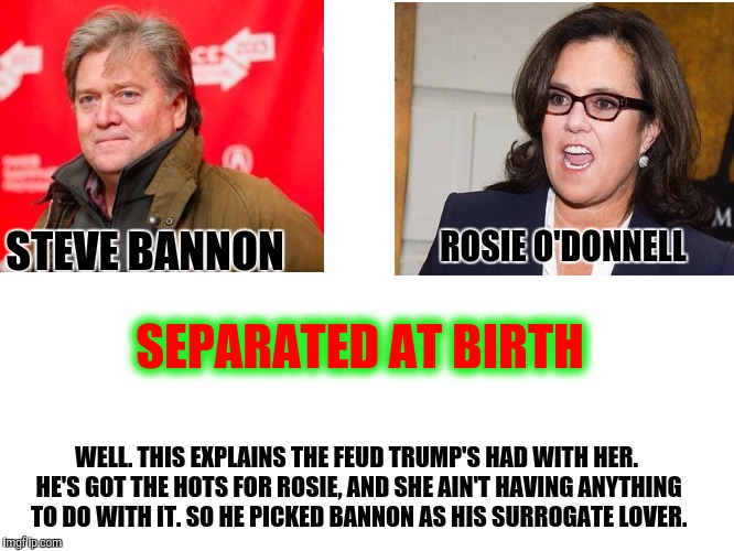OMG! It makes sense now! The president is a closet lesbian! | ROSIE O'DONNELL; STEVE BANNON; SEPARATED AT BIRTH; WELL. THIS EXPLAINS THE FEUD TRUMP'S HAD WITH HER. HE'S GOT THE HOTS FOR ROSIE, AND SHE AIN'T HAVING ANYTHING TO DO WITH IT. SO HE PICKED BANNON AS HIS SURROGATE LOVER. | image tagged in steve bannon,rosie o'donnell,donald trump,crush,feud | made w/ Imgflip meme maker