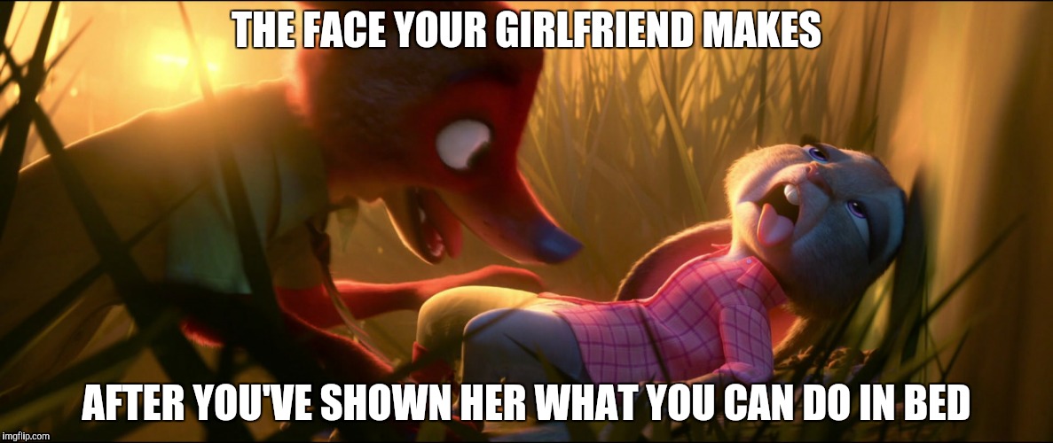 Savage in Bed | THE FACE YOUR GIRLFRIEND MAKES; AFTER YOU'VE SHOWN HER WHAT YOU CAN DO IN BED | image tagged in nick and judy in bed,zootopia,zootopia fox,funny | made w/ Imgflip meme maker