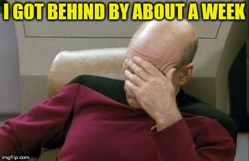Captain Picard Facepalm Meme | I GOT BEHIND BY ABOUT A WEEK | image tagged in memes,captain picard facepalm | made w/ Imgflip meme maker