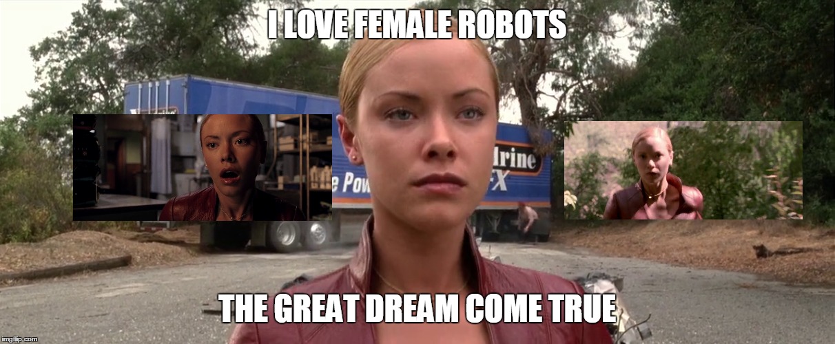 I love female robots  | I LOVE FEMALE ROBOTS; THE GREAT DREAM COME TRUE | image tagged in female robots terminator 3 gynoids killers sexy | made w/ Imgflip meme maker