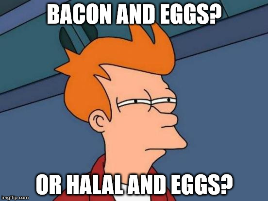 Futurama Fry | BACON AND EGGS? OR HALAL AND EGGS? | image tagged in memes,futurama fry | made w/ Imgflip meme maker