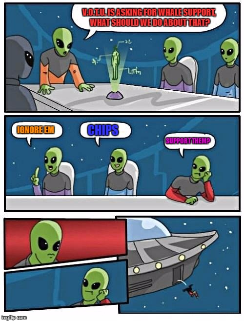 Alien Meeting Suggestion Meme | V.O.T.U. IS ASKING FOR WHALE SUPPORT, WHAT SHOULD WE DO ABOUT THAT? IGNORE EM; CHIPS; SUPPORT THEM? | image tagged in memes,alien meeting suggestion | made w/ Imgflip meme maker