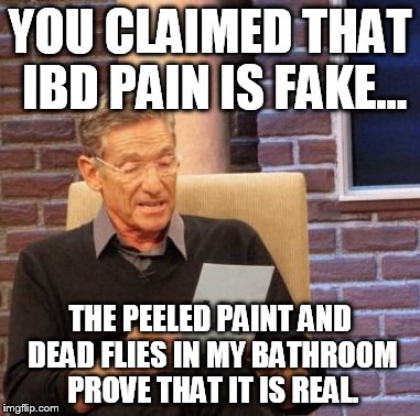 Maury Lie Detector Meme | YOU CLAIMED THAT IBD PAIN IS FAKE... THE PEELED PAINT AND DEAD FLIES IN MY BATHROOM PROVE THAT IT IS REAL. | image tagged in memes,maury lie detector | made w/ Imgflip meme maker