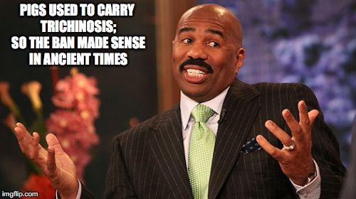 Steve Harvey Meme | PIGS USED TO CARRY TRICHINOSIS; SO THE BAN MADE SENSE IN ANCIENT TIMES | image tagged in memes,steve harvey | made w/ Imgflip meme maker