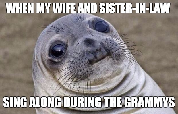 Awkward Moment Sealion Meme | WHEN MY WIFE AND SISTER-IN-LAW; SING ALONG DURING THE GRAMMYS | image tagged in memes,awkward moment sealion | made w/ Imgflip meme maker