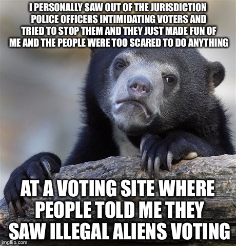 Confession Bear Meme | I PERSONALLY SAW OUT OF THE JURISDICTION POLICE OFFICERS INTIMIDATING VOTERS AND TRIED TO STOP THEM AND THEY JUST MADE FUN OF ME AND THE PEO | image tagged in memes,confession bear | made w/ Imgflip meme maker
