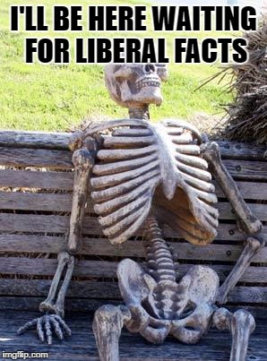 Waiting Skeleton Meme | I'LL BE HERE WAITING FOR LIBERAL FACTS | image tagged in memes,waiting skeleton | made w/ Imgflip meme maker