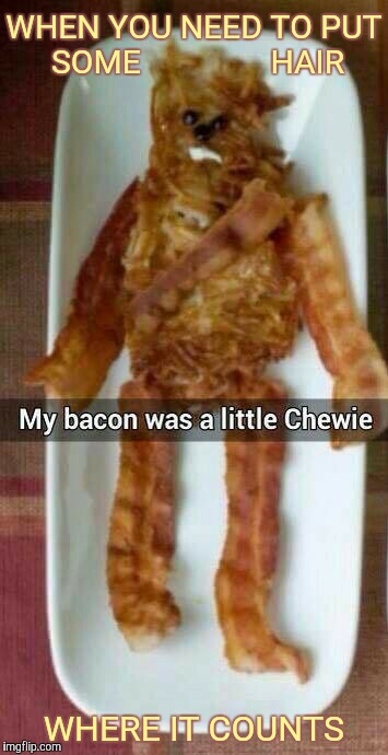 Found this funny one on the web.
My bacon was a little Chewie IS NOT my caption,,, It was there already | WHEN YOU NEED TO PUT SOME                HAIR; WHERE IT COUNTS | image tagged in bacon,chewbacca,chewbaccon,food,star wars | made w/ Imgflip meme maker