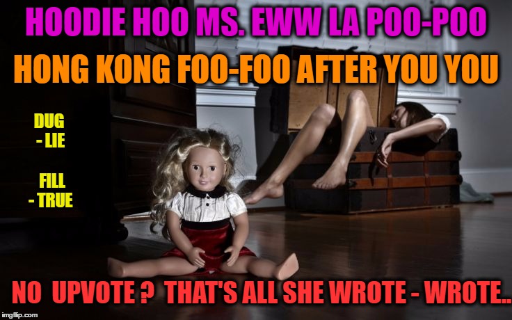 HOODIE HOO MS. EWW LA POO-POO HONG KONG FOO-FOO AFTER YOU YOU DUG - LIE       FILL - TRUE NO  UPVOTE ?  THAT'S ALL SHE WROTE - WROTE.. | made w/ Imgflip meme maker