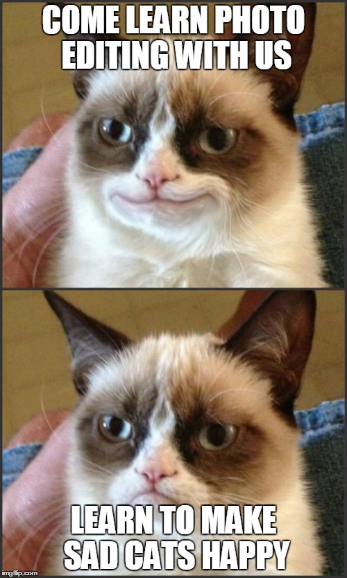 Happy Grumpy cat photoshop | COME LEARN PHOTO EDITING WITH US; LEARN TO MAKE SAD CATS HAPPY | image tagged in happy grumpy cat photoshop | made w/ Imgflip meme maker