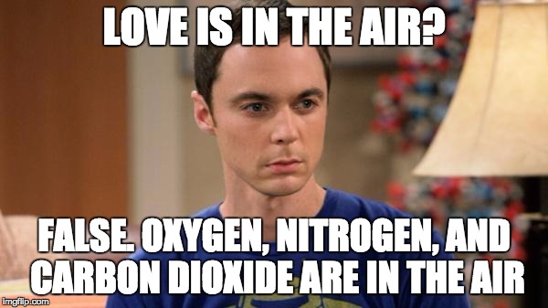 Happy Valentine's day everyone! |  LOVE IS IN THE AIR? FALSE. OXYGEN, NITROGEN, AND CARBON DIOXIDE ARE IN THE AIR | image tagged in sheldon logic,valentine's day | made w/ Imgflip meme maker