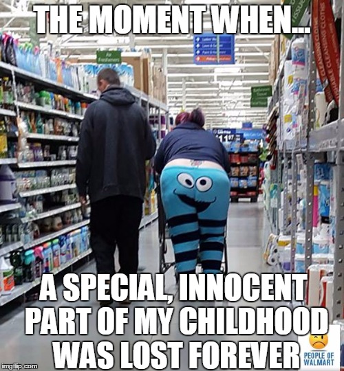 Me No Feel Like Cookie Now | THE MOMENT WHEN... A SPECIAL, INNOCENT PART OF MY CHILDHOOD WAS LOST FOREVER | image tagged in people of walmart - cookie monster,memes,walmart,that moment when | made w/ Imgflip meme maker