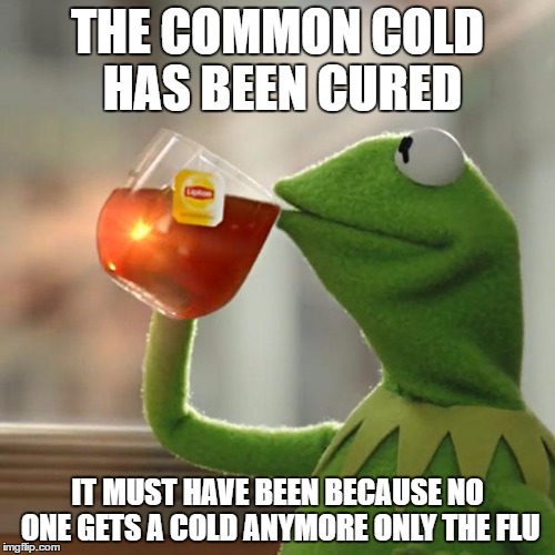 Common cold cured | THE COMMON COLD HAS BEEN CURED; IT MUST HAVE BEEN BECAUSE NO ONE GETS A COLD ANYMORE ONLY THE FLU | image tagged in memes,but thats none of my business,kermit the frog,cold,flu | made w/ Imgflip meme maker