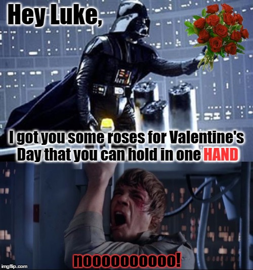 Darth Valentine | Hey Luke, I got you some roses for Valentine's Day that you can hold in one HAND; HAND; noooooooooo! | image tagged in memes,darth vader,darth memes,star wars,luke skywalker,valentine's day | made w/ Imgflip meme maker