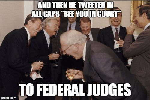 Laughing Men In Suits | AND THEN HE TWEETED IN ALL CAPS "SEE YOU IN COURT"; TO FEDERAL JUDGES | image tagged in memes,laughing men in suits | made w/ Imgflip meme maker