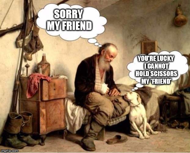 Mendog | SORRY MY FRIEND; YOU'RE LUCKY I CANNOT HOLD SCISSORS MY 'FRIEND' | image tagged in mendog,memes | made w/ Imgflip meme maker