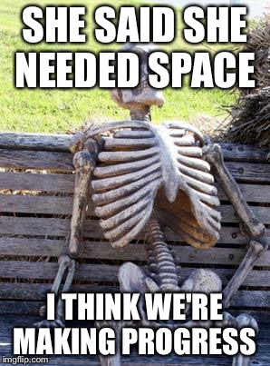Waiting Skeleton | SHE SAID SHE NEEDED SPACE; I THINK WE'RE MAKING PROGRESS | image tagged in memes,waiting skeleton | made w/ Imgflip meme maker