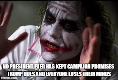 Everyone loses their minds | TRUMP DOES AND EVERYONE LOSES THEIR MINDS; NO PRESIDENT EVER HAS KEPT CAMPAIGN PROMISES | image tagged in everyone loses their minds | made w/ Imgflip meme maker