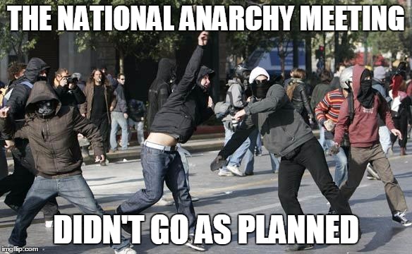 rioters | THE NATIONAL ANARCHY MEETING; DIDN'T GO AS PLANNED | image tagged in rioters | made w/ Imgflip meme maker