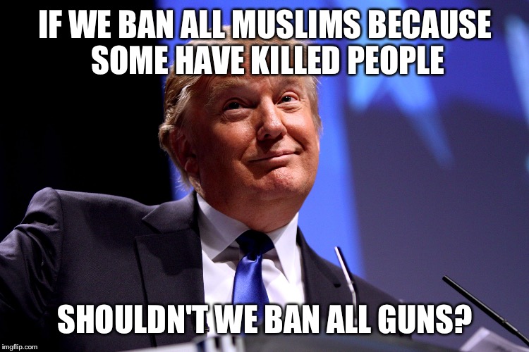 Donald Trump | IF WE BAN ALL MUSLIMS BECAUSE SOME HAVE KILLED PEOPLE; SHOULDN'T WE BAN ALL GUNS? | image tagged in donald trump | made w/ Imgflip meme maker