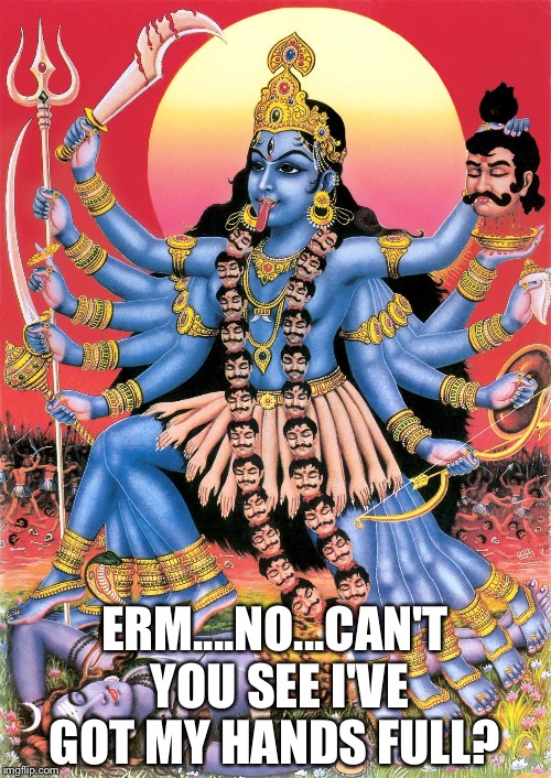 Kali | ERM....NO...CAN'T YOU SEE I'VE GOT MY HANDS FULL? | image tagged in kali | made w/ Imgflip meme maker