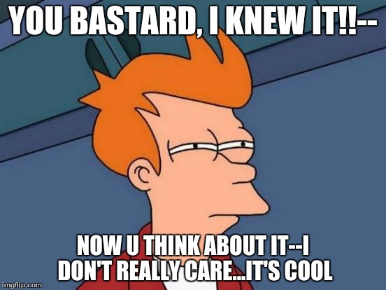 Futurama Fry Meme | YOU BASTARD, I KNEW IT!!-- NOW U THINK ABOUT IT--I DON'T REALLY CARE...IT'S COOL | image tagged in memes,futurama fry | made w/ Imgflip meme maker