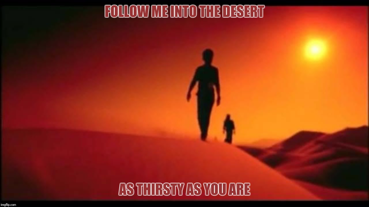 Memester, y u no stay out of desert? | FOLLOW ME INTO THE DESERT; AS THIRSTY AS YOU ARE | image tagged in memestermemesterson,memes,y u no music,soundgarden,burden in my hand | made w/ Imgflip meme maker