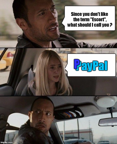 What's in a name? That which we call a rose.....
 | Since you don't like the term "Escort", what should I call you ? P; PayPal | image tagged in memes,the rock driving,paypal,bad pun,escort | made w/ Imgflip meme maker