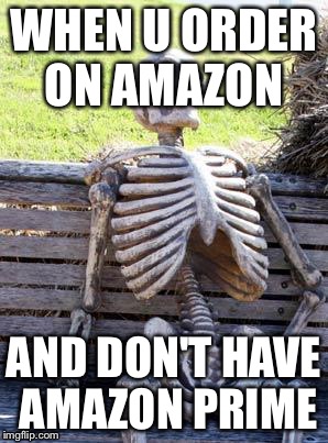 Waiting Skeleton | WHEN U ORDER ON AMAZON; AND DON'T HAVE AMAZON PRIME | image tagged in memes,waiting skeleton | made w/ Imgflip meme maker