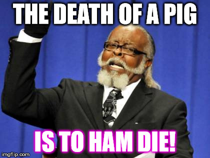 Jamuel L. Saxon | THE DEATH OF A PIG; IS TO HAM DIE! | image tagged in memes,too damn high | made w/ Imgflip meme maker