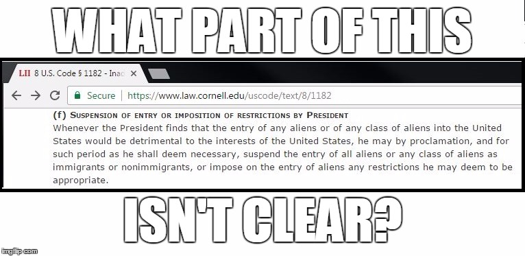 8 U.S. Code 1182 (f). The link is there.  Look it up for yourself. | WHAT PART OF THIS; ISN'T CLEAR? | image tagged in immigration,travel ban,president trump,yesheisyourpresident | made w/ Imgflip meme maker