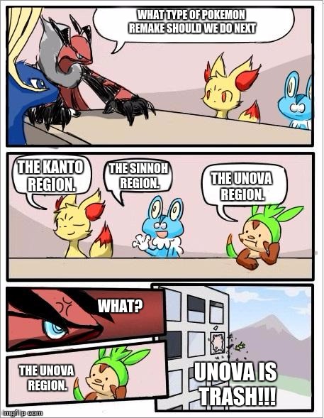 Pokemon board meeting | WHAT TYPE OF POKEMON REMAKE SHOULD WE DO NEXT; THE KANTO REGION. THE SINNOH REGION. THE UNOVA REGION. WHAT? UNOVA IS TRASH!!! THE UNOVA REGION. | image tagged in pokemon board meeting | made w/ Imgflip meme maker