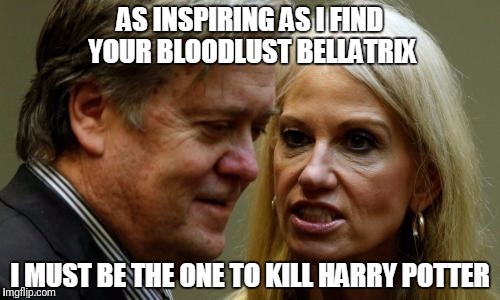 The Dark Lord raises...  | image tagged in harry potter,steve bannon,donald trump,kellyanne conway,lord voldemort,funny | made w/ Imgflip meme maker