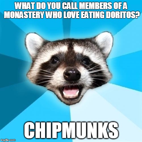 Grocery store epiphanies... |  WHAT DO YOU CALL MEMBERS OF A MONASTERY WHO LOVE EATING DORITOS? CHIPMUNKS | image tagged in memes,lame pun coon,chipmunks,doritos | made w/ Imgflip meme maker
