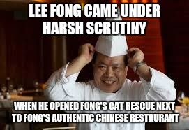chinese cheff | LEE FONG CAME UNDER HARSH SCRUTINY; WHEN HE OPENED FONG'S CAT RESCUE NEXT TO FONG'S AUTHENTIC CHINESE RESTAURANT | image tagged in chinese cheff,memes | made w/ Imgflip meme maker