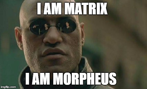 He has two names | I AM MATRIX; I AM MORPHEUS | image tagged in memes,matrix morpheus | made w/ Imgflip meme maker