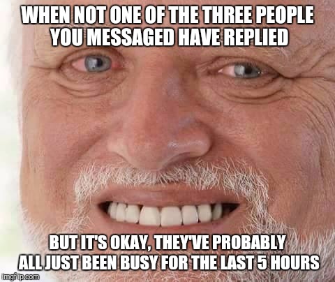 harold smiling | WHEN NOT ONE OF THE THREE PEOPLE YOU MESSAGED HAVE REPLIED; BUT IT'S OKAY, THEY'VE PROBABLY ALL JUST BEEN BUSY FOR THE LAST 5 HOURS | image tagged in harold smiling | made w/ Imgflip meme maker