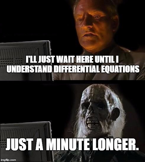 I'll Just Wait Here Meme | I'LL JUST WAIT HERE UNTIL I UNDERSTAND DIFFERENTIAL EQUATIONS; JUST A MINUTE LONGER. | image tagged in memes,ill just wait here | made w/ Imgflip meme maker
